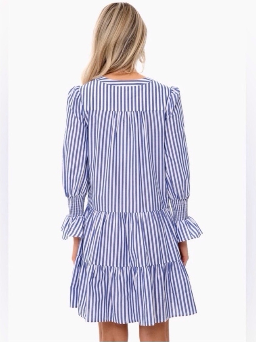 Pomander Place Kenzo Blue and White Stripe Cotton Poplin Tiered Mini Dress - Picture 6 of 13